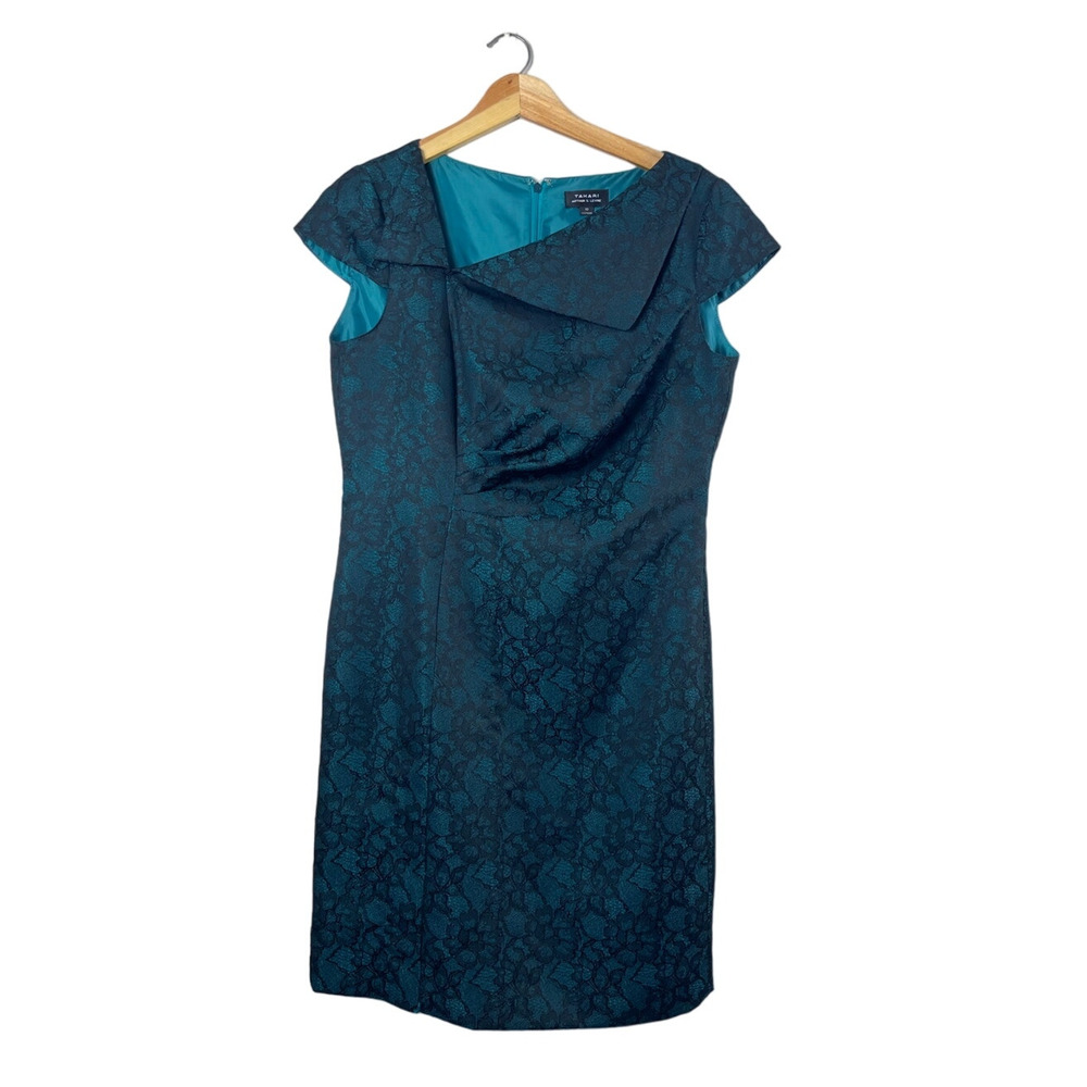 Women's Tahari ASL Asymmetrical Neck Printed Emerald Sheath Dress 10